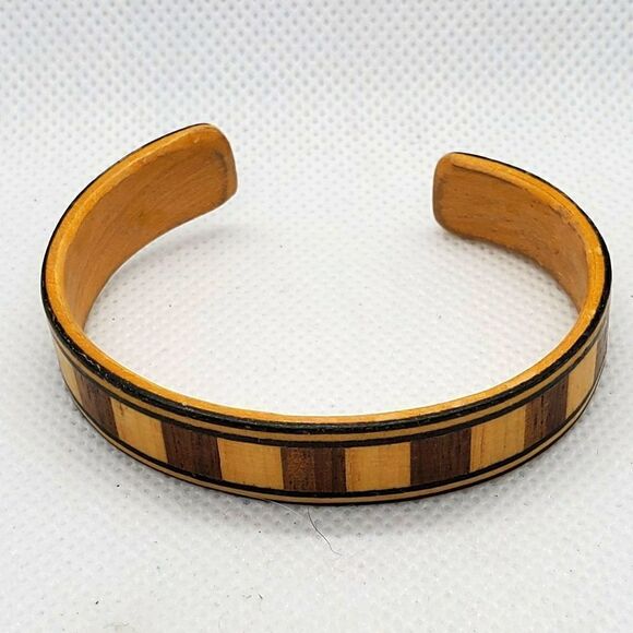 Vintage Wooden Two-Tone Cuff Bracelet - Picture 1 of 6